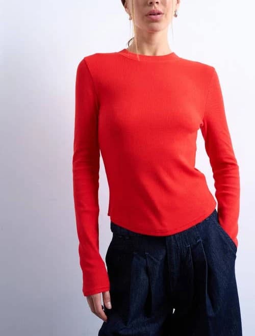 Topshop Long Sleeve Ribbed Curved Hem Top