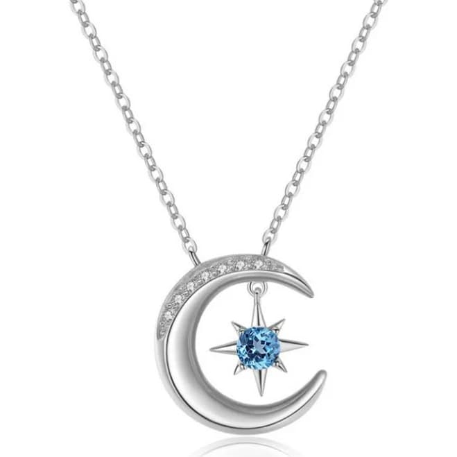 Sterling Silver Crescent Moon Star Pendant Necklace
