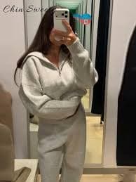 Casual Knitted Hooded Jacket Pant Sets Loose Lapel Full Sleeve Zipper Jackets Pockets Straight Pants 2026 Spring Lady Chic Suit - AliExpress 200000345