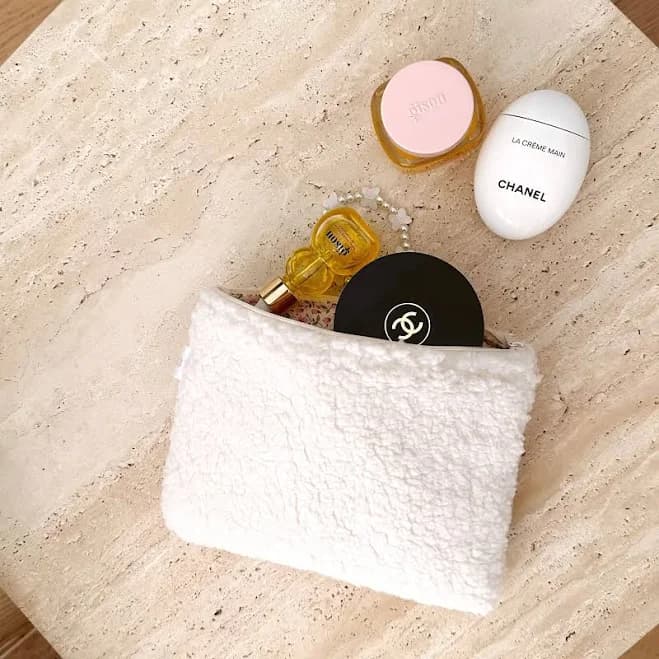 Beige Soft Floral Fuzzy Makeup Toiletry Bag