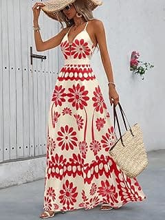 Women's Cream & Red Floral Maxi Dress - Spaghetti Strap Deep V-Neck Summer Gown