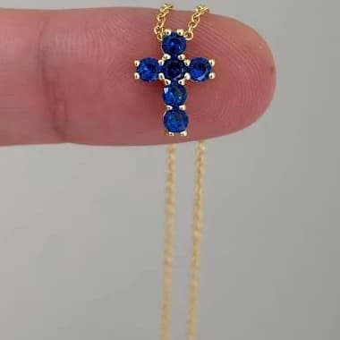 Dainty Blue Cross Charm Necklace with Simulated Sapphire