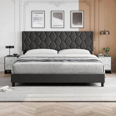 Grey Size Upholstered Platform Bed Frame with Height-Adjustable Fabric Headboard
