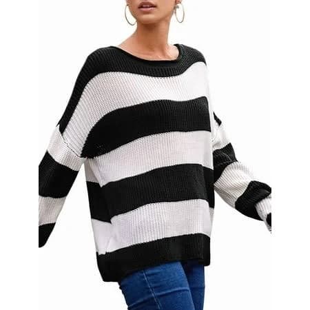 Women's Striped Knitted Pullover Crew Neck Fall Winter Sweater Long Sleeve Color Block Jumper Black XXL, Size: 2XL