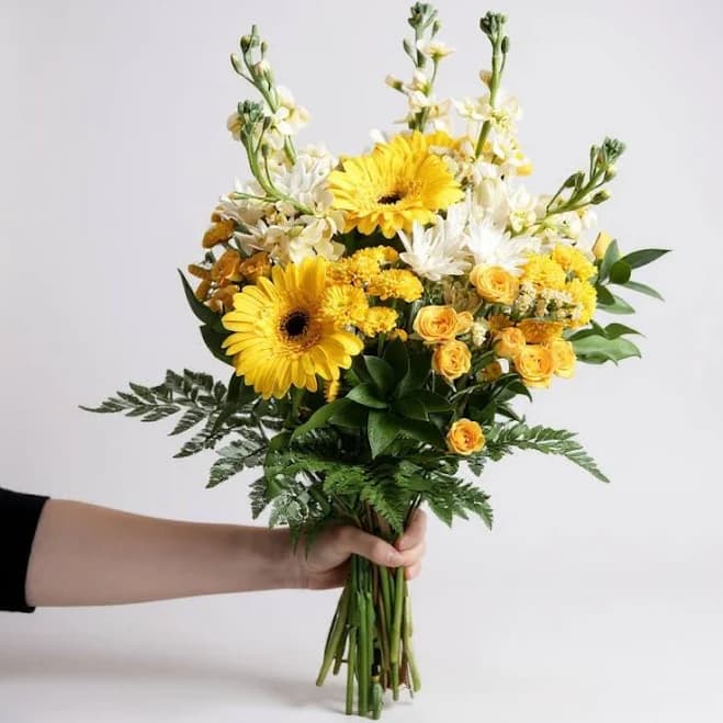 Birthday Flowers | Spray Roses, Yellow Gerbera Daisies & Chrysanthemums Arrangement – "Sunbeam"