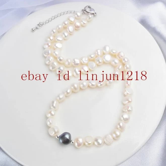 Natural 7-8mm White Freshwater Irregular Pearl & Black Pearl Necklace