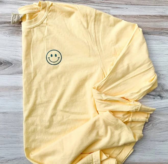 Happy Face Comfort Colors Long Sleeve, Smile Shirt, Happy Tee, Embroidered Tee, Embroidered Shirt, Custom Shirt, Retro Happy Face Shirt