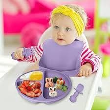 Mrkyy Silicone Baby Feeding Set, 8 Pcs Baby Led Weaning Supplies with Suction Bowl Divided Plate, Toddler Self Feeding Dish Set with Spoons Forks Sippy Cup Adjustable Bib, 6+ Months (Purple) :