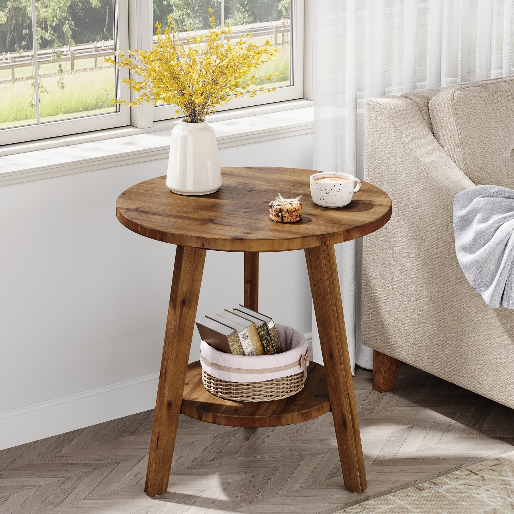 Tribesigns Solid Wood End Table Round Side Table