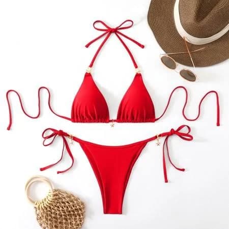 Roncen Women's Triangle Bikini Solid String Bikini Set Two Piece Swimsuit Bathing Suits, Size: Small, Red