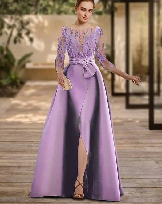 A-Line Long Sleeve Lace Gown Satin Floor Length Formal Dress with Slit