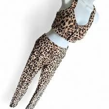 Leopard Animal Print Bra & Leggings Set Zip Front Scoop Neck High Waist Stretch