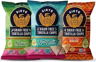 Siete Grain Free Tortilla Chips | Gluten Free Chips | Paleo & Vegan Snacks | Non GMO | Variety Pack, Lime, Sea Salt, Nacho, 5 Ounce (Pack of 6)