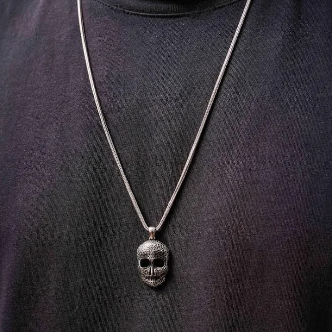 Men's Gothic Skull Head Memento Mori Silver Necklace