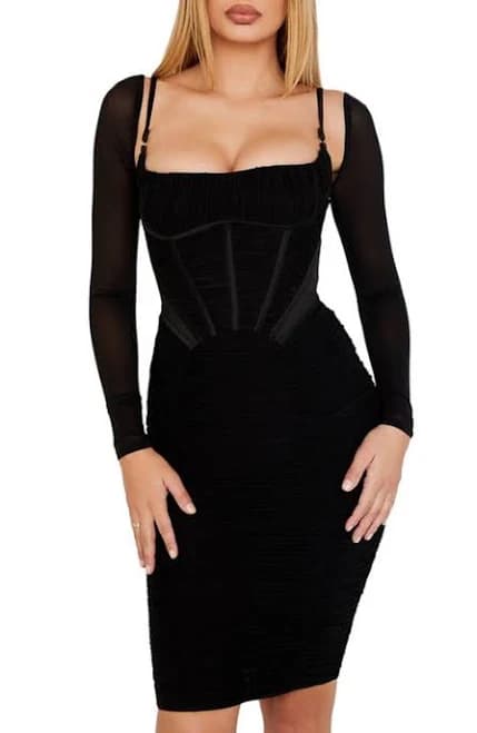 House of CB Freyja Satin Ruched Long Sleeve Body-Con Dress