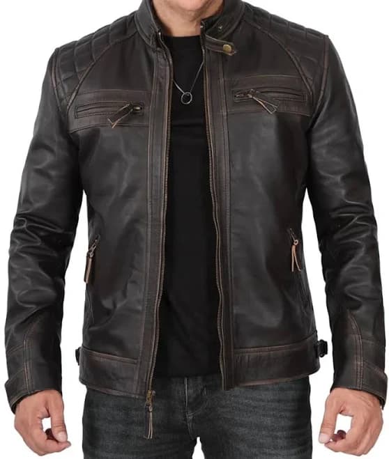 Men's Distressed Quilted Lambskin Leather Jacket