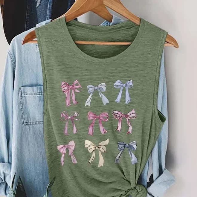 Women's Bow Print Round Neck Tank Top
