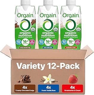 Organic Nutritional Protein Shake, 16g Grass Fed Whey Protein, Meal Replacement, 20 Vitamins & Minerals, Fruits & Vegetables, Variety Pack, Chocolate, Vanilla, Strawberry, 11 Fl Oz (12 Pack)
