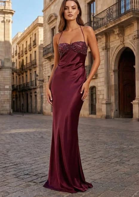 Halter Sheath Satin Prom Dress with Sequins