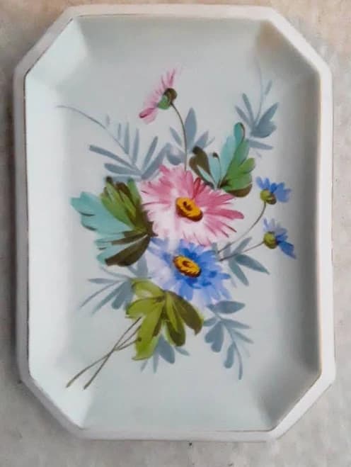 Vintage Rectangular Ceramic Floral Serving Dish, Pale Green W Pink,