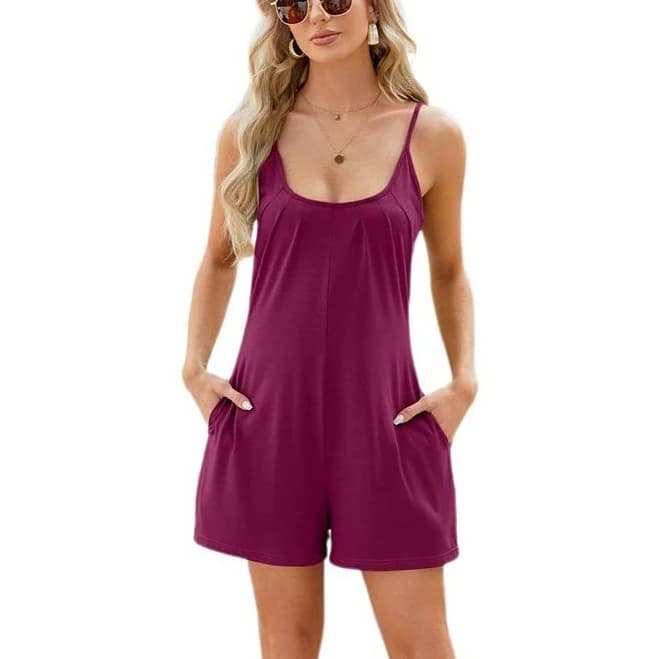 Womens Rompers Summer Casual Loose Sleeveless Overalls Spaghetti Strap Shorts Jumpsuit Beach, Women's, Size: XXL, Wine Red