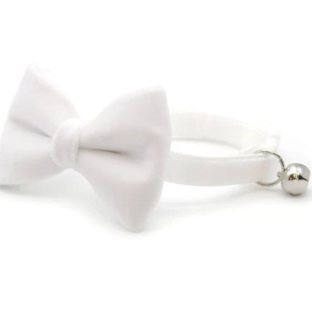Bow Tie Cat Collar Set - "Velvet - Snowy White" - Pure White Velvet Cat Collar w/ Matching Bowtie / Cat, Kitten, Small Dog Sizes Adult Cat (8-13) /