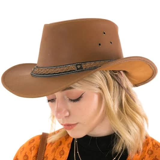 Unisex Western Leather Cowboy Hat with Brass Conchos
