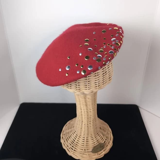 Vintage Mark Reed Women's Wool Beret Red Studded Metallic Silver Gold