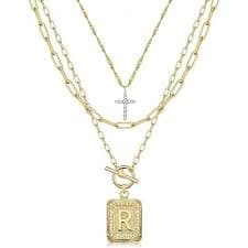 Layered Initial Necklace: 14K Gold Plated with Cross & Letter Pendant, Paperclip Chain, Trendy Jewelry for Women : Target