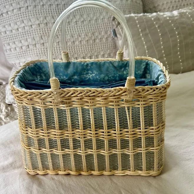 Vintage Woven Straw Tote Bag with Acrylic Handles