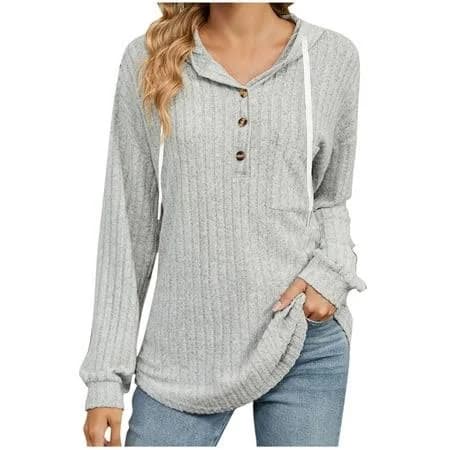 Women's Ribbed Knit Long Sleeve Hoodie with Drawstring