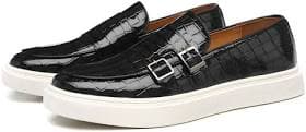 Men's Crocodile Pattern Leather Loafers with Double Buckle and Rubber Sole