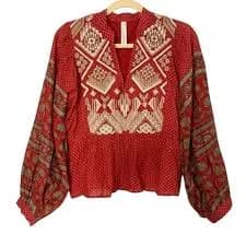 Anthropologie Size 4 Red Gold Embroidered Kyra Boho Hippie Festival Prairie Top