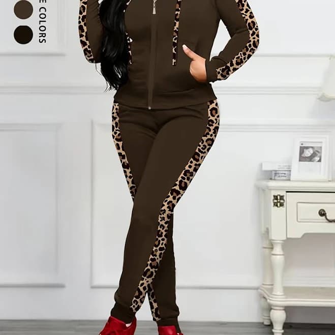women Long Sleeve Brown Leopard Print Hoodie & Zippered Pants