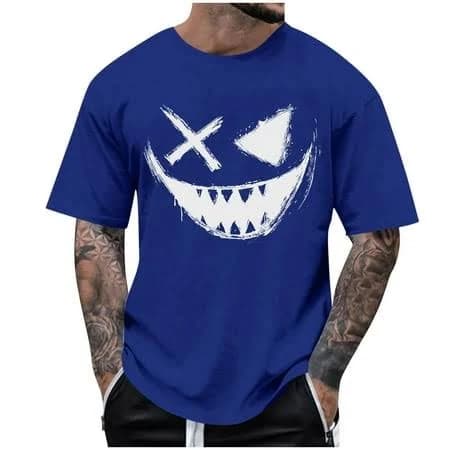 Men's Evil Smiley Face T Shirt Big and Tall Funny T-Shirts Basic Crew Neck Short Sleeve T-shirt, Size: Large, Blue