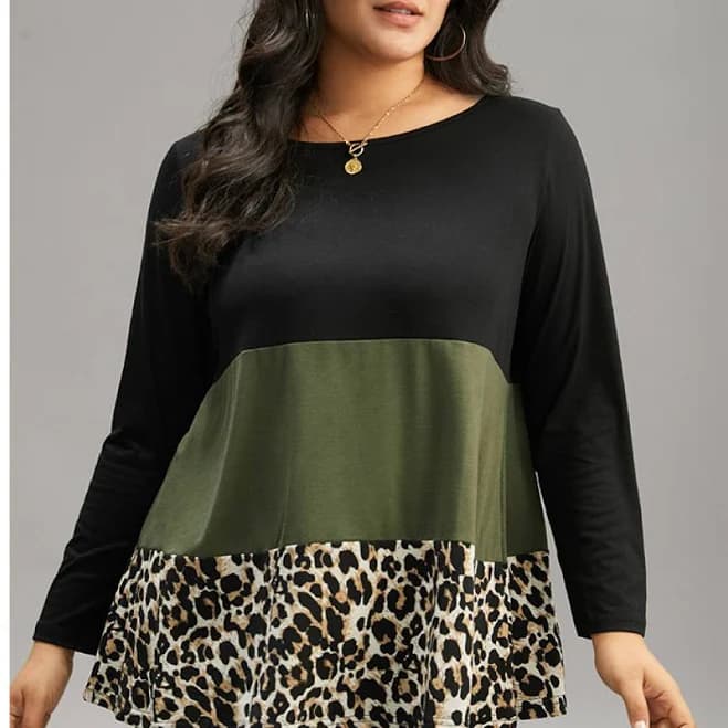 BloomChic Women's Plus Size Colorblock Leopard Round Neck T-Shirt