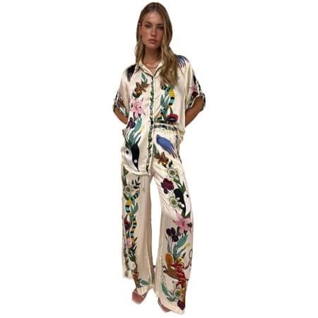 Aura Women's Graffiti Print Satin Shirt and Pants Set