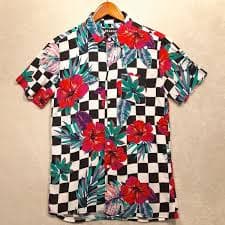 REASON Mens SS Floral Print Button Shirt Sz.M/Red Floral/ Viscose/Check Print | eBay