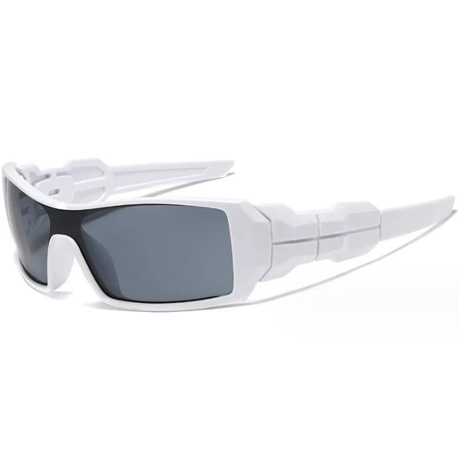 Men's Sports Wrap Rectangular Sunglasses Matte White Frame Dark Smoke