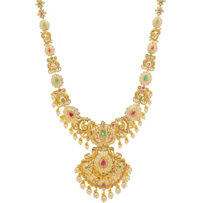 22K Yellow Gold Multi-Stone Long Temple Necklace