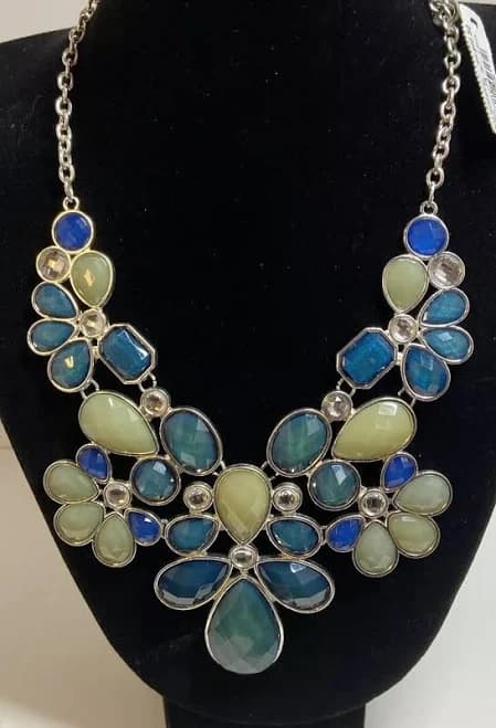 Style & Co Teal Blue Teardrop Bib Statement Necklace Silver Tone 19.5”+2