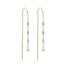 14K Gold Earrings, Micro Bezel Diamond Drop Threader Earrings