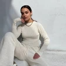 Cream ribbed knit sweater & pants two piece set