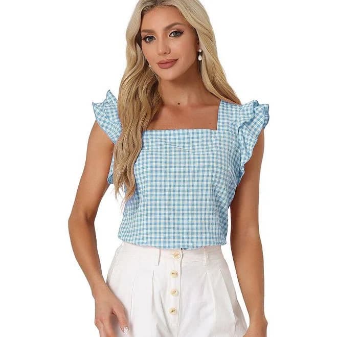 Gingham Square Neck Ruffle Cap Sleeve Blouse