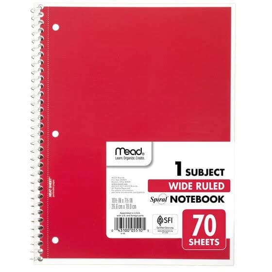 Mead Spiral Notebooks, 1 Subject, Wide Ruled
