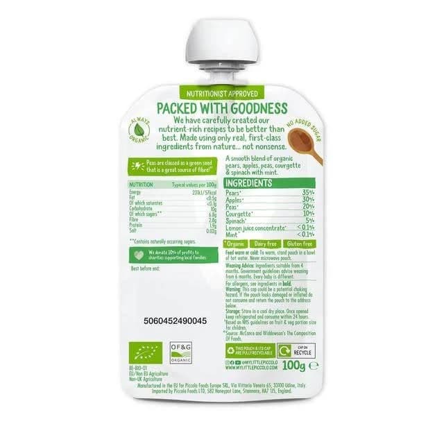 Piccolo Pear Apple & Spring Green Organic Pouch 4 mths+ 100g