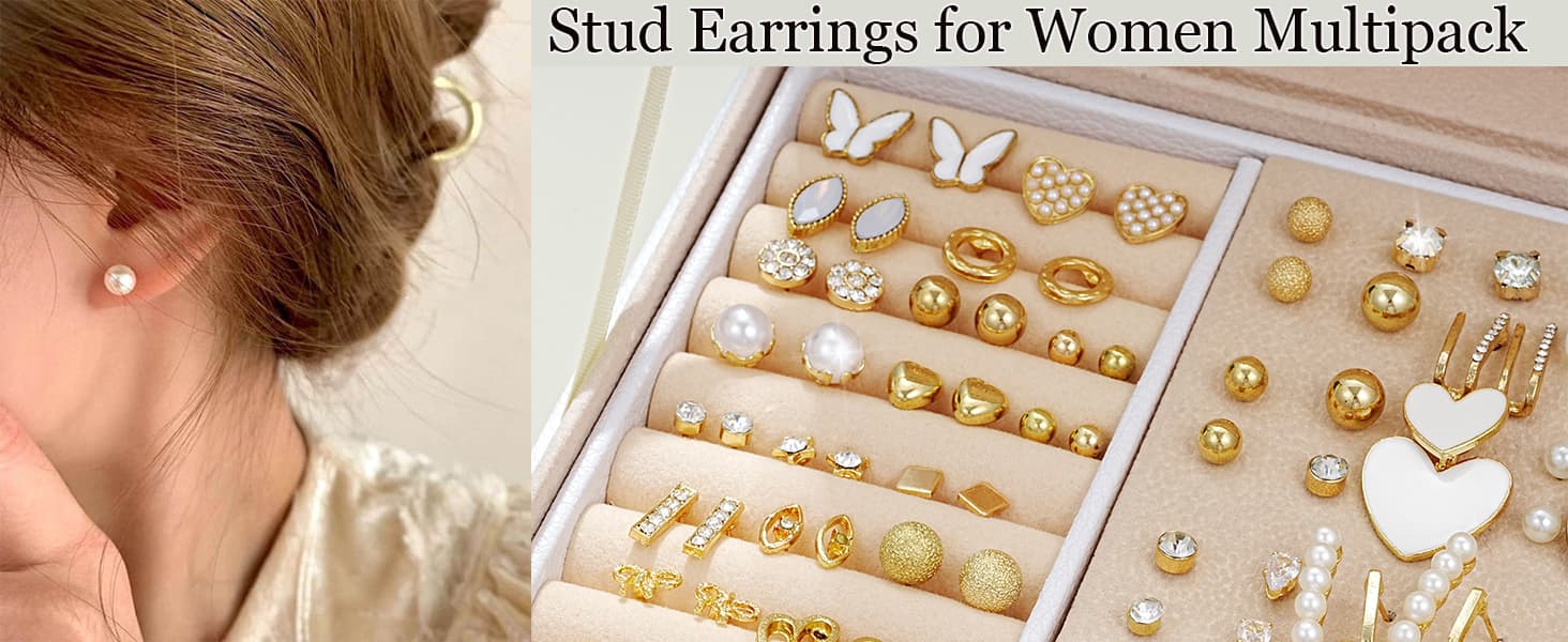 Amazon.com: 74 Pairs Gold Stud Earrings Set for Women Multipack, Hypoallergenic Pearl Cubic Zirconia Butterfly Earrings Packs, Stud Hoops Earrings for Gift : Clothing, Shoes & Jewelry