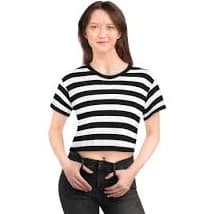 Black and White Striped Women Crop Top Tshirt, Stripe Festival Cropped Yoga Workout Sexy Summer Sleeveless Designer Female Ladies Shirt