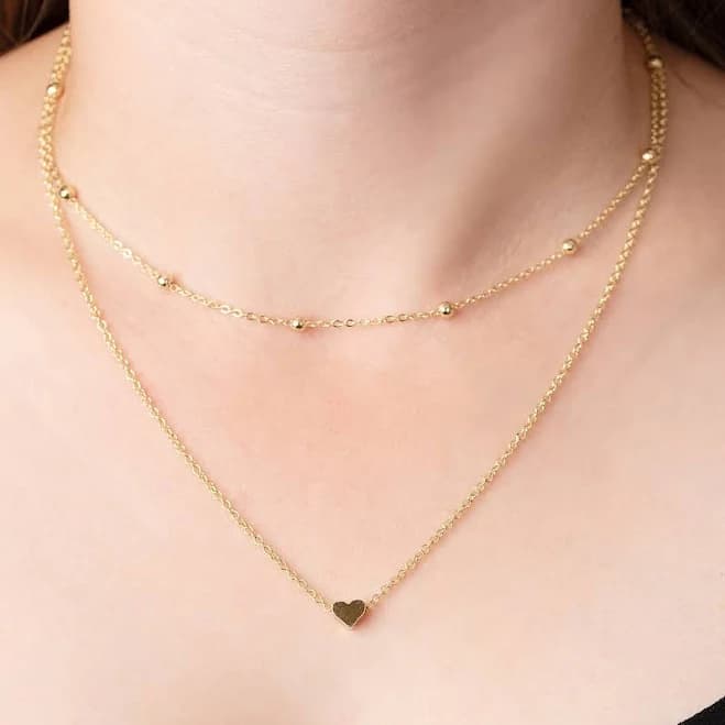 Gold Layered Heart Tiny Dainty Pendant Charm Choker Necklace Ball Detail Chic Boho Jewellery For Woman