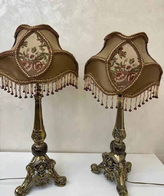 Pair Of Vintage Victorian Brass Table Lamps Fabric Shades & Beaded